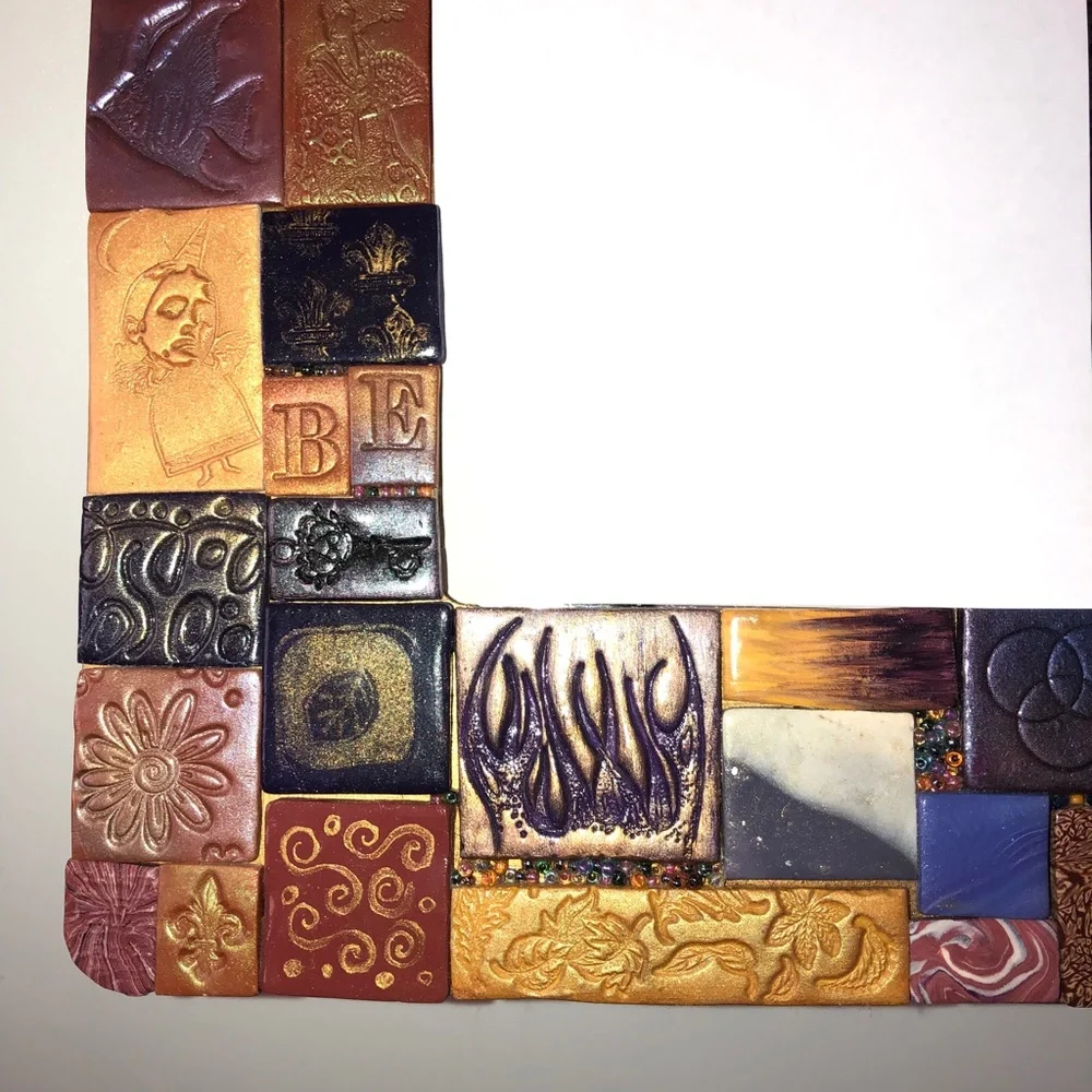 LA CORONA MIRROR Handmade Decorative Mixed Media Mosaic Tile Purple Terra Cotta